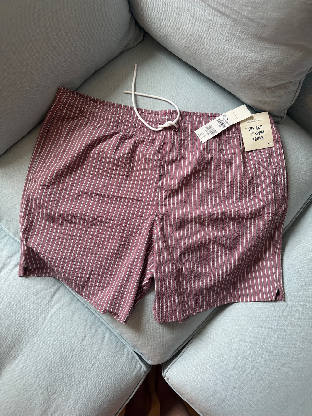 Abercrombie & Fitch Men's Burgundy and White Pinstripe Swim Shorts
